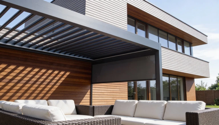 Une pergola bioclimatique moderne avec un store latéral baissé, sur une terrasse équipée de mobilier en rotin.