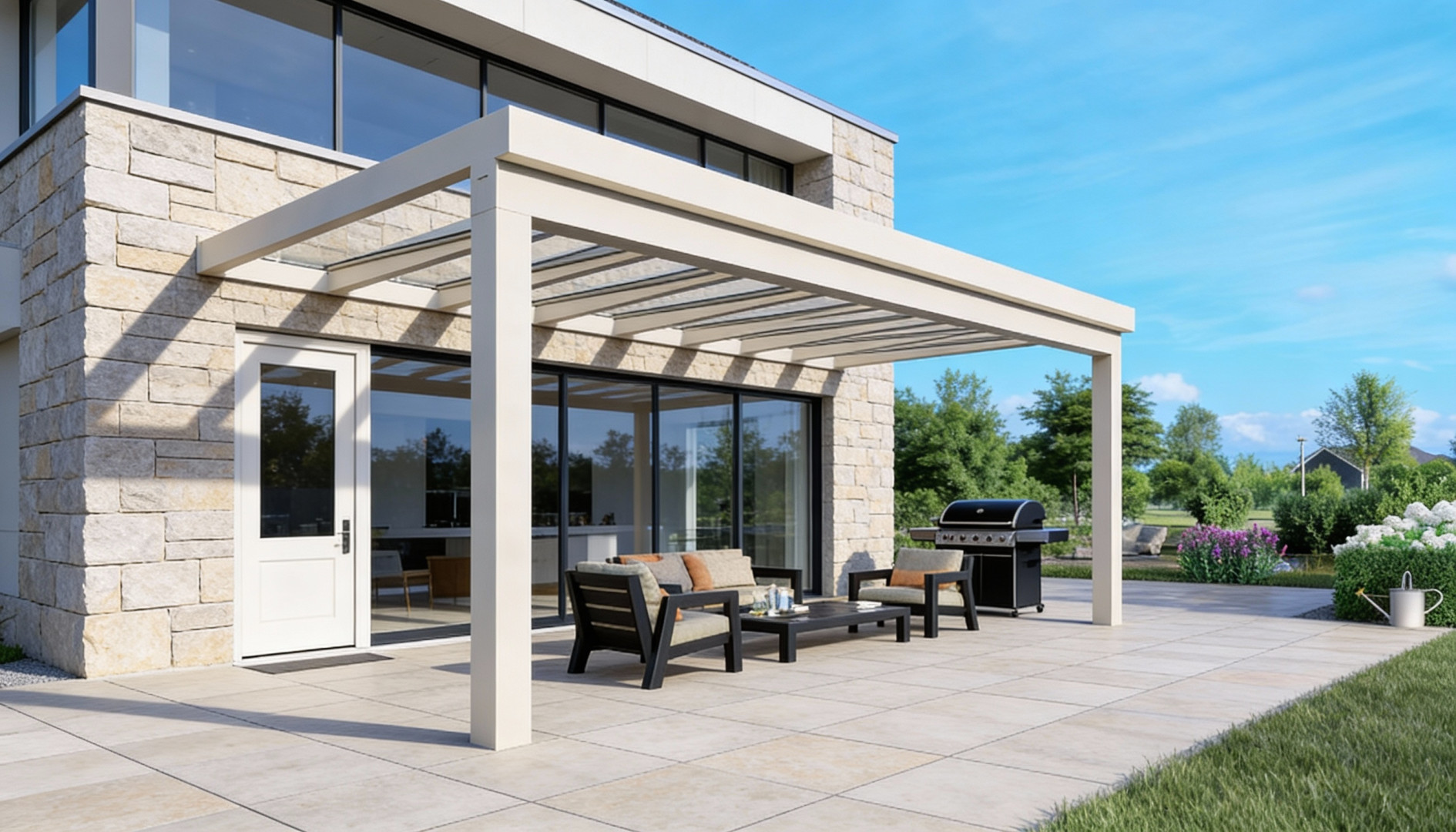 Une pergola moderne en aluminium blanc avec un toit en verre, installée sur la terrasse d'une maison individuelle, avec du mobilier d'extérieur et un barbecue.