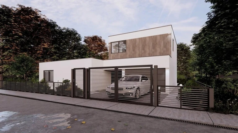 Une maison familiale moderne dotée d'une clôture à lamelles horizontales noires et d'un portail, devant lequel est garée une voiture argentée.
