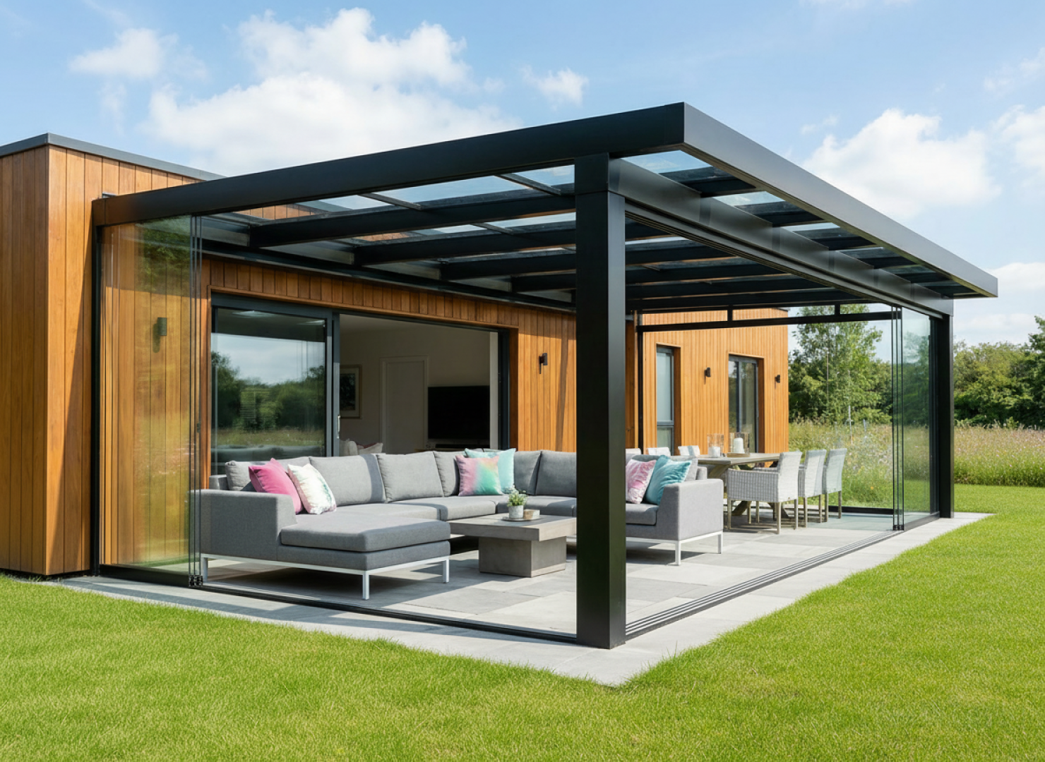 Une pergola moderne vitrée, dotée d'une structure en aluminium noir et de mobilier de jardin gris, sur la terrasse d'une maison en bois.