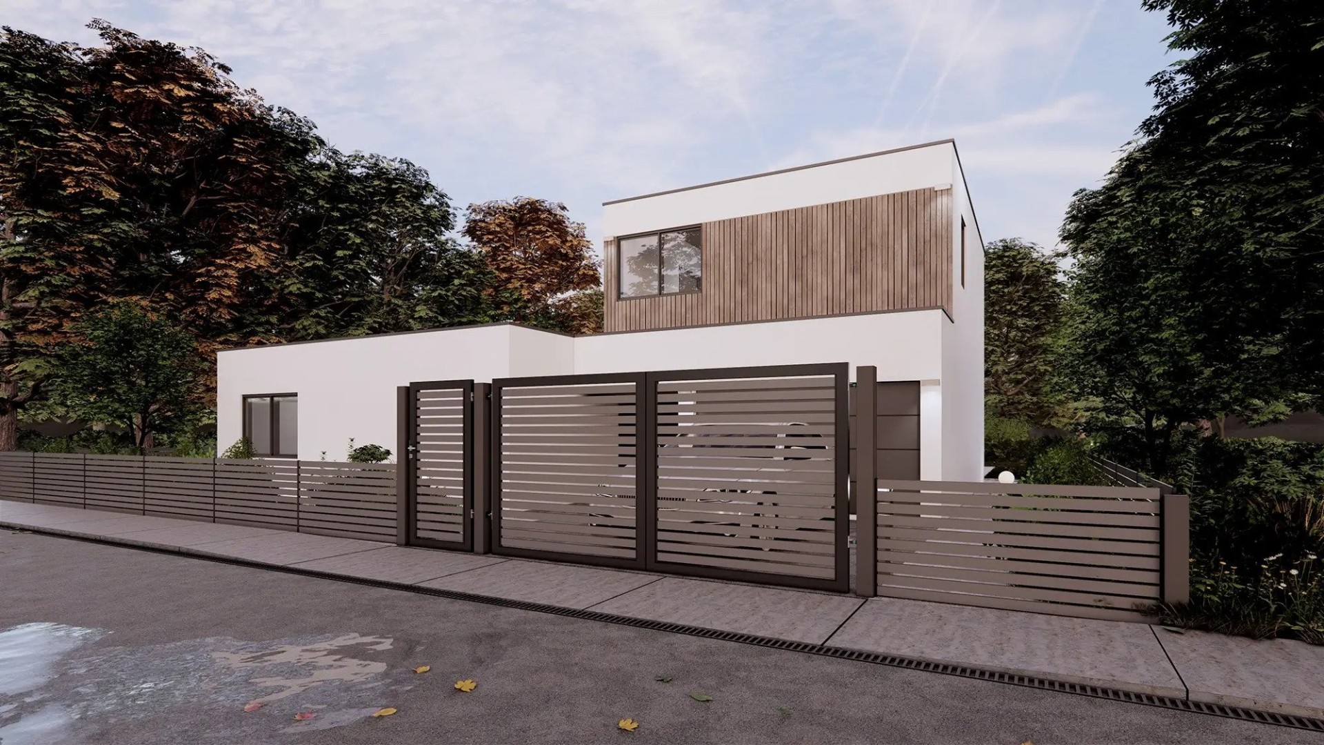 Une maison blanche moderne avec une clôture à lattes marron et un portail devant.