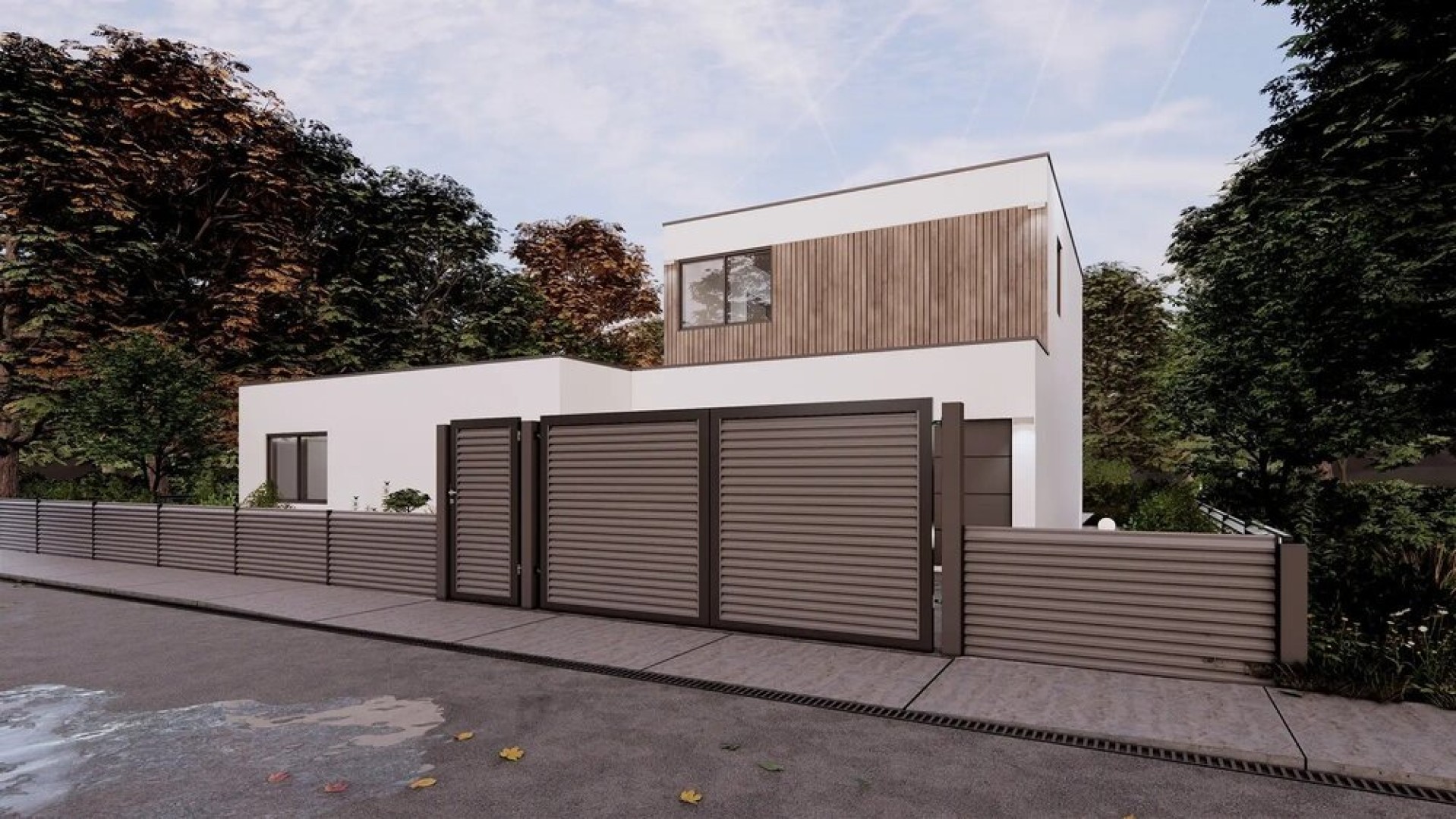 Une maison blanche moderne, avec une clôture à lattes marron et un portail, devant une végétation luxuriante.