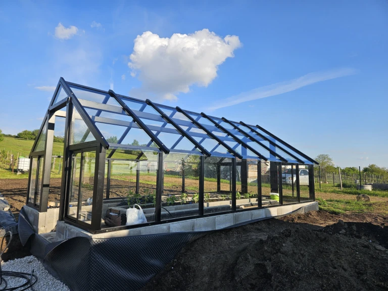 Une serre moderne en verre, dotée d'une structure noire, construite sur des fondations en béton dans un jardin sous un ciel dégagé.